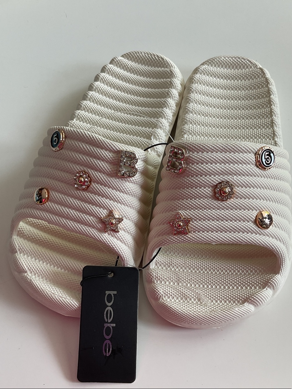 bebe White Embellished Slide Sandals